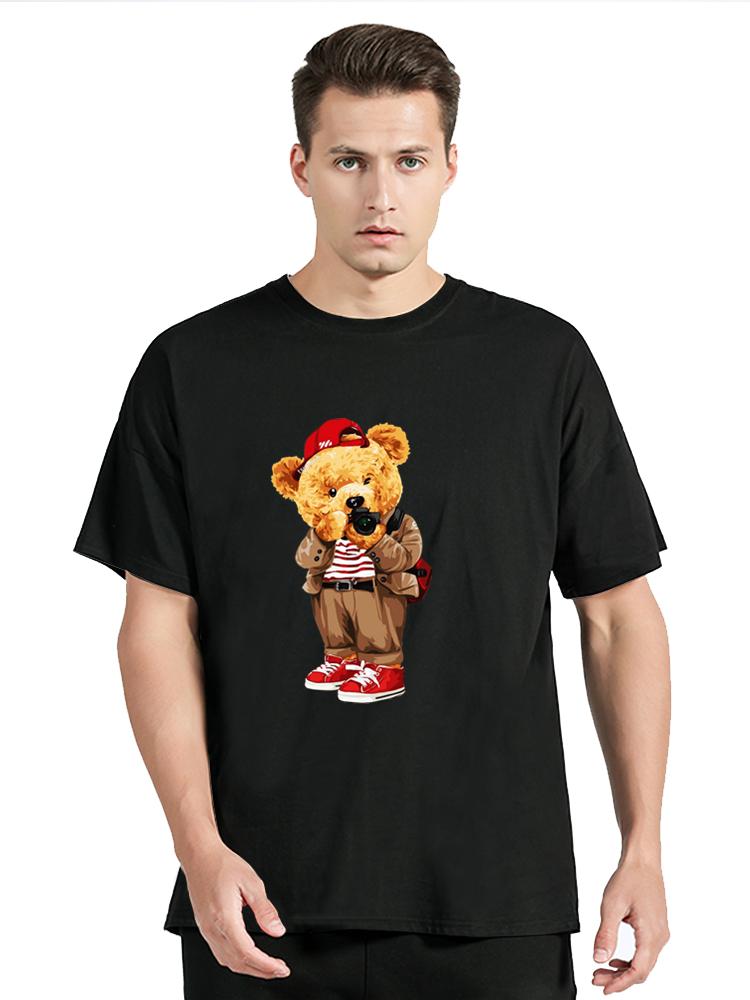 Fashion Teddy Bear Taking Your Photo Print Tshirt For Unisex Loose Oversized Clothes Breathable Cotton Short Sleeve Hip Hop Tees