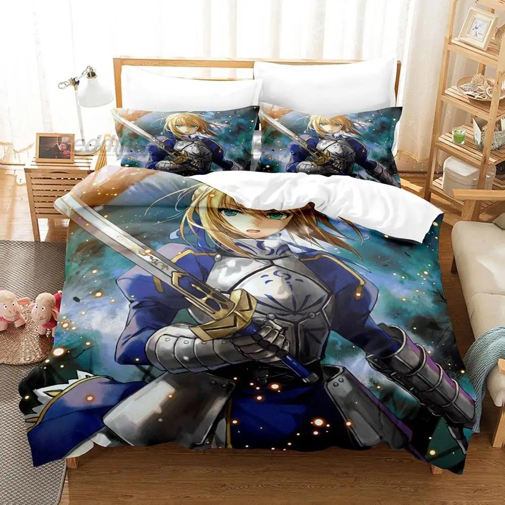 Kawaii Fate Saber Bedding Set Single Twin Full Queen King Size Bed Set Aldult Kid Bedroom Duvetcover Sets 3D Anime Bed Sheet Set