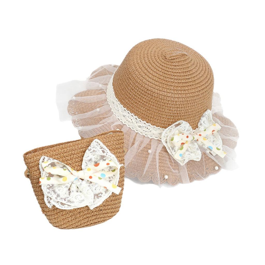 Children's sunscreen hat Summer girls' sunshade straw hat bag set Girl baby foreign style lace princess beach hat