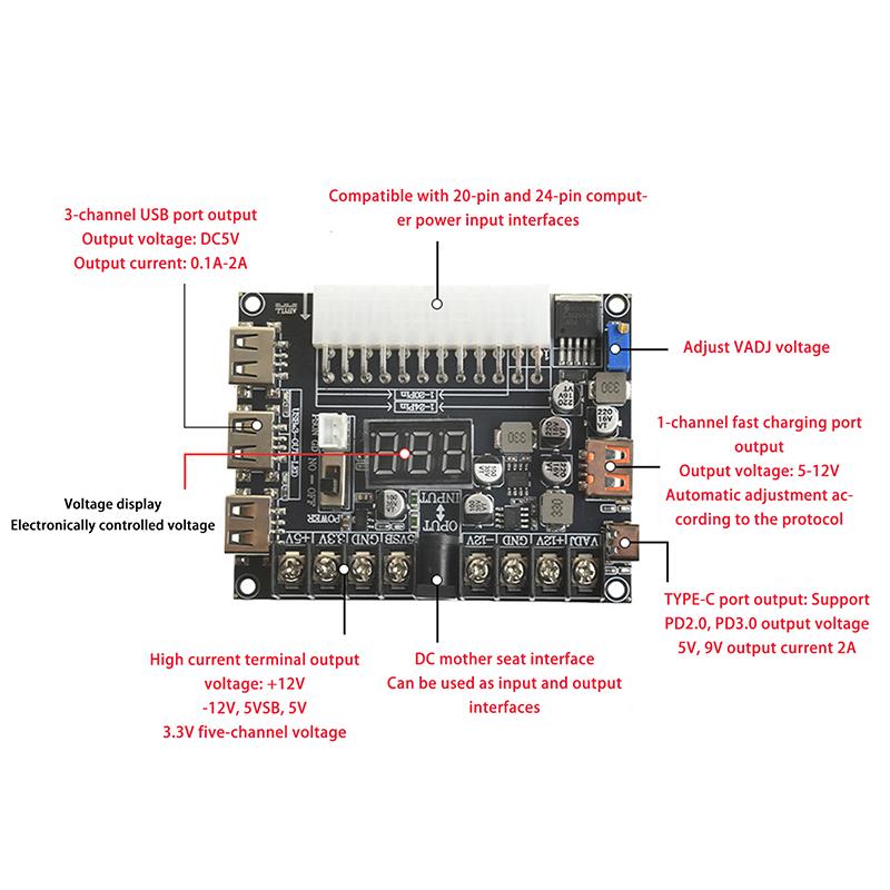 20/24 Pin Atx Power Adapter Board - Adjustable Voltage With Red Digital Display - Supports Pd2.0/Pd3.0