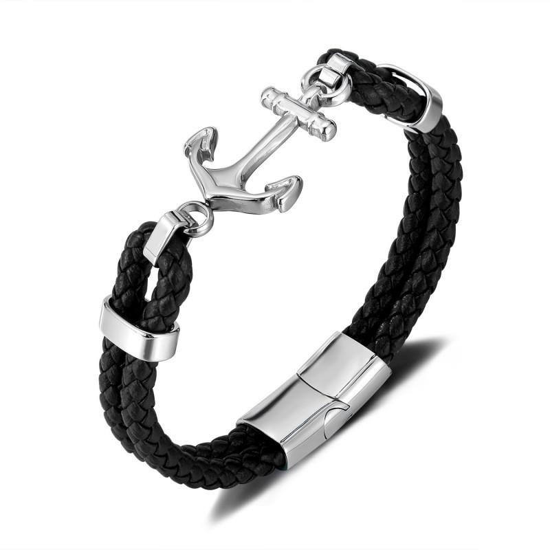 

Personalized Versatile Leather Bracelet Stainless Steel Boat Anchor Double-layer Woven Retro Style Men s Wholesale