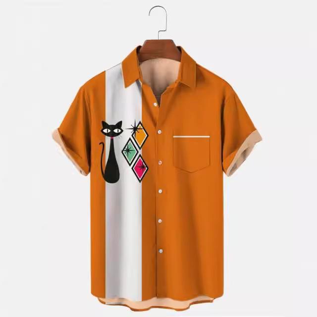 Retro Short-Sleeve Button-Up Shirt, Vertical Stripes & Diamond Pattern, Casual Wear
