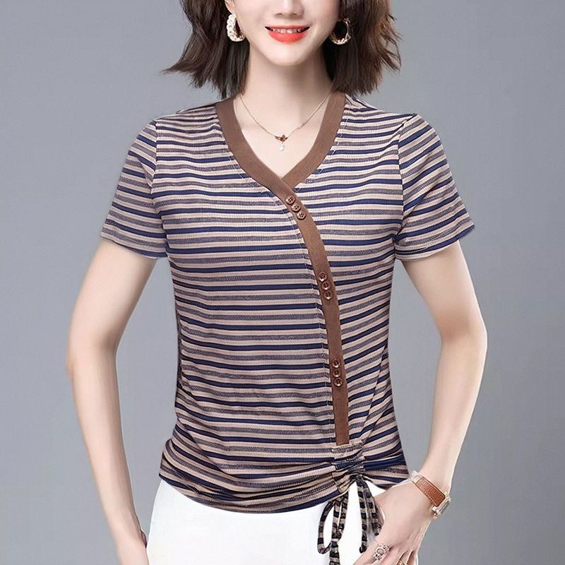 Striped V-neck T-shirt Korean Summer Style Slanted Button Irregular Hem Fashionable Shirt Slim Drawstring Top for Women