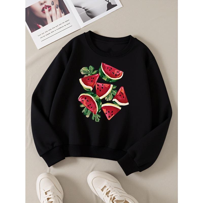 Kids Sweatshirt,Crew Neck Fashion Top, Fun "Watermelon Slices Leaves" Patterned Sweatshirt, Suitable for Everyday Casual Wear