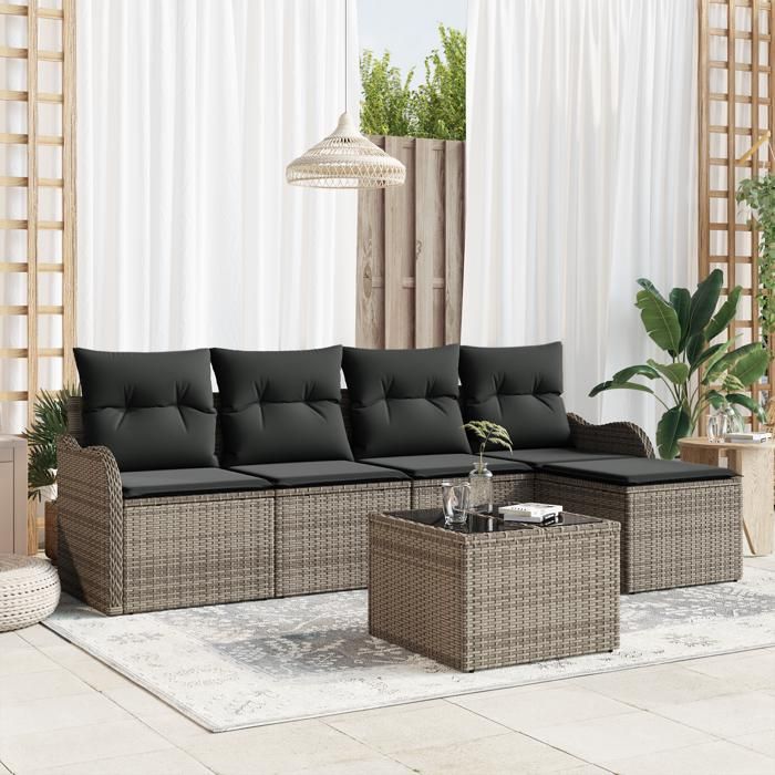 Ensemble de Canapés de Jardin de 5 Pièces avec Coussins en Rattan Poly Noir, Canapé de Jardin 2 Places avec Rangement 3354338