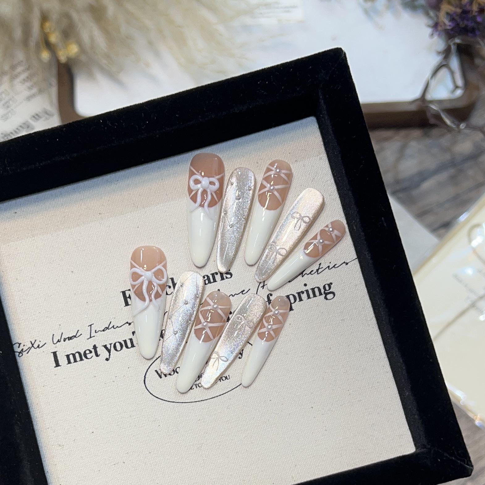 

Ballet Princess Handmade Wearable Nude French Nails with Cat Eye Pearl Design Medium M