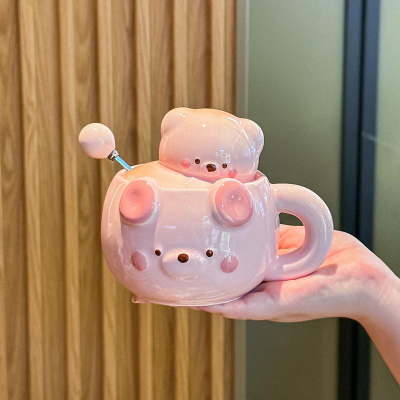 Cute Cream Bear Cup, Girls Ceramic Mug, High-value Souvenir, Practical Birthday Gift for Girlfriends