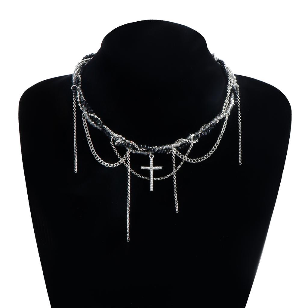 New Cross Pendant Beaded Necklace Women Boho Crystal Class Tassels Clavicle Chain Cool Choker Exquisite Fashion Jewelry