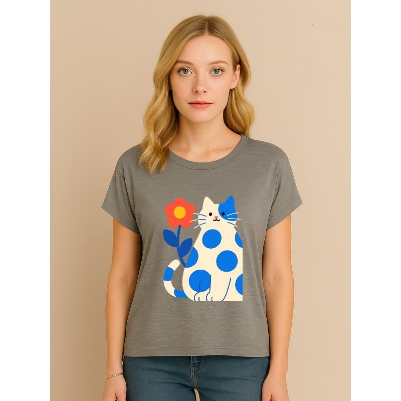 

Women s Cute & Animal Print T-Shirt - Short Sleeve Round Neck Blouse, Medium-Stretch Casual Top for Spring Summer Fall, 4XL сірий