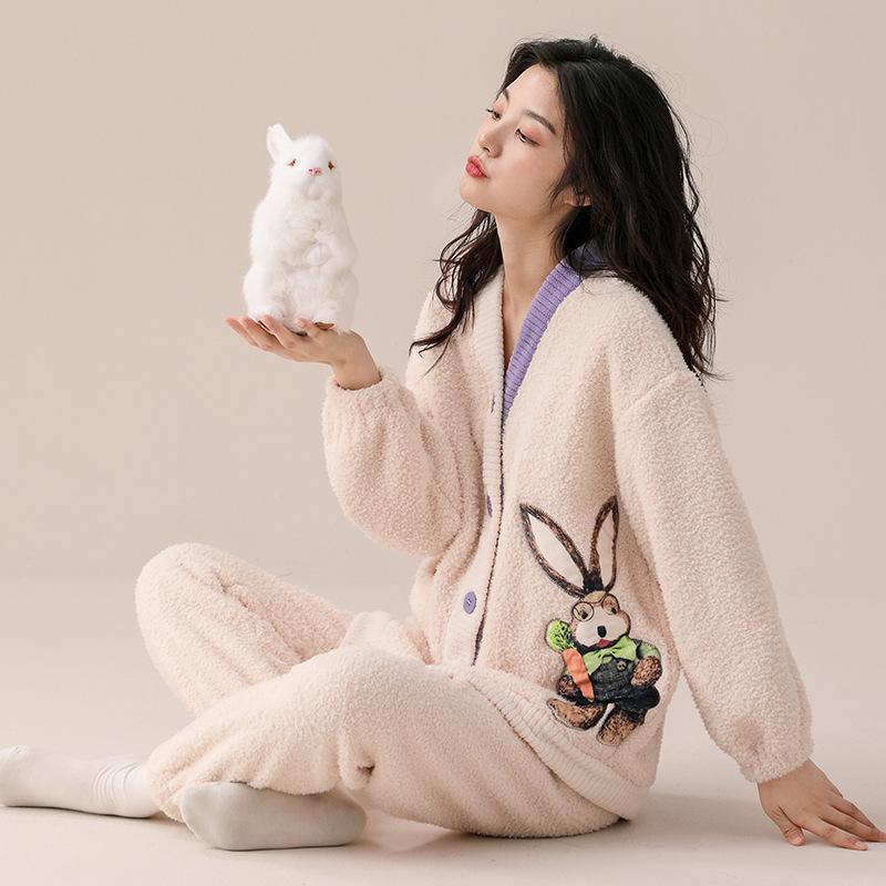 Flannel Pajamas Women'S Autumn And Winter Cute Cartoon Lamb Fleece Thickened Fleece Coral Fleece Loungewear Warm Suit