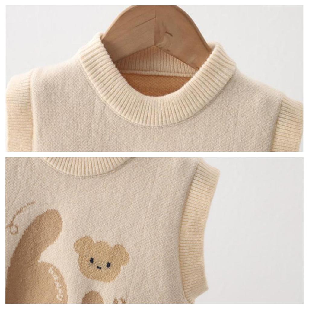 Childen Knitted Vest For Girls Boys Autumn Bear Jacquard Infant Toddler Knitwear Round Collar 0-5Years Baby Sleeveless Sweater