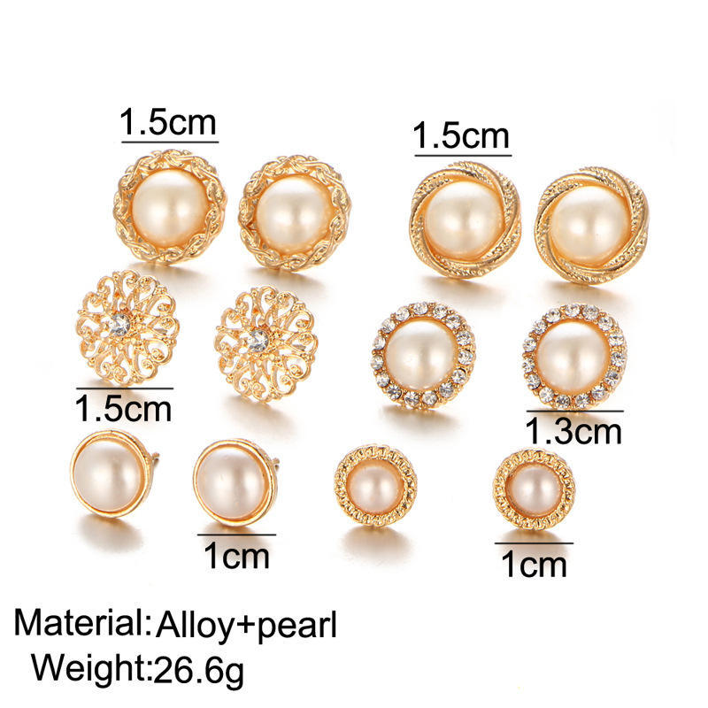 6 Pairs Women Retro Flowers Pearl Earrings Set Fashion Ear Stud Jewelry