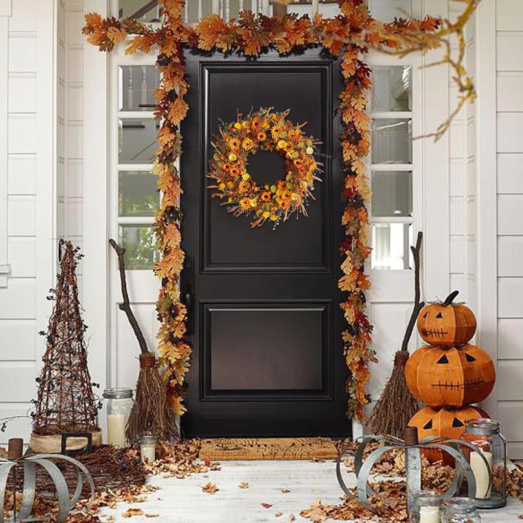 TEMPUS 22inch Thanksgiving Daisy Grain Wreath Autumn Harvest Wreath Eucalputs Leaves with Berries Wreath Fall Decor Front Door Indoor or Outdoor Wall