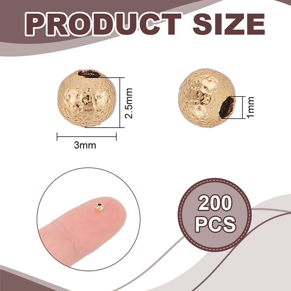 200Pcs Textured Brass Beads, Long-Lasting Plated, Round, Nickel Free, Real 18K Gold Plated, 3x2.5mm, Hole: 1mm