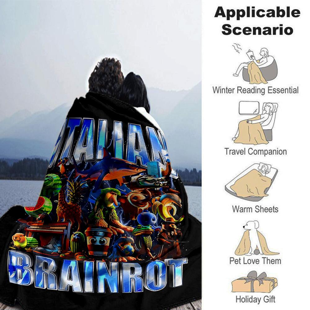 Italian Brainrot Adventure Flannel Blanket Super Soft Warm Cozy Blanket For Sofa Bed Office Travel Allseason Home Decor Gift