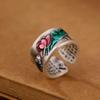 Smoky Retro Cloisonné Koi Lotus Heart Sutra Couple Rings - National Style Jewelry