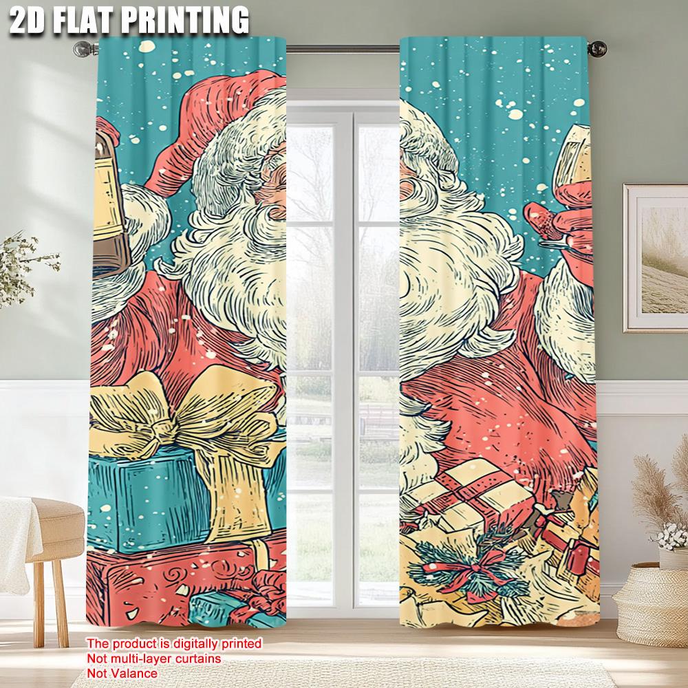2pcs,2D plane printing Contemporary Curtains Merry Christmas Santa Claus_ Champagne & Gifts Durable 100% Polyester Fabric