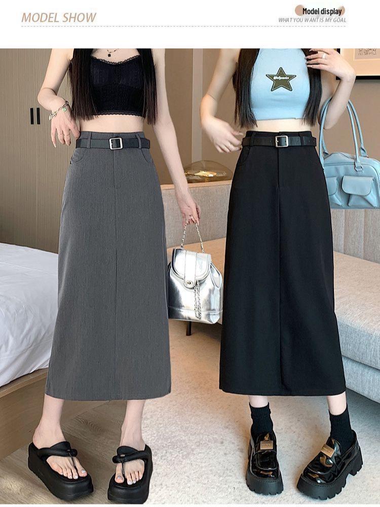 Women's High-Sense Black Slim-Fit A-Line Midi Skirt with Slit