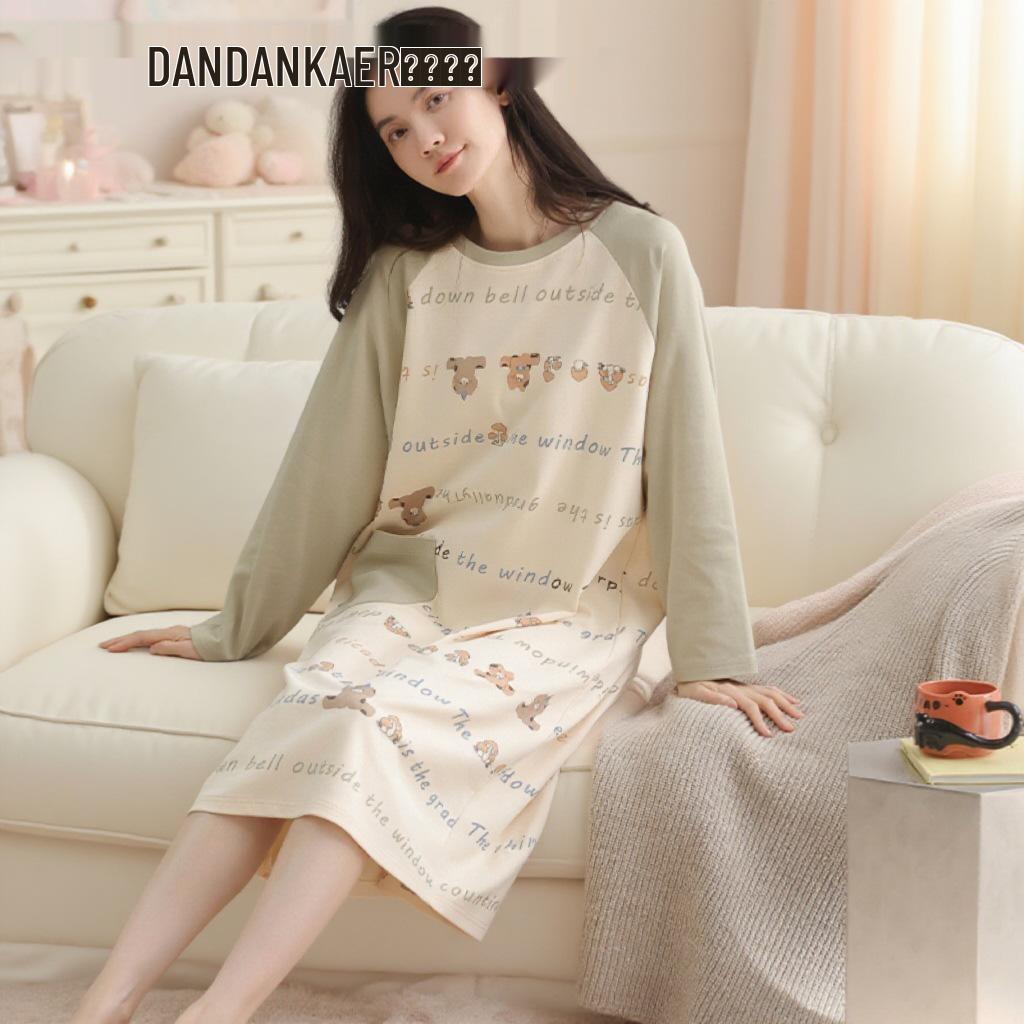 Damen Süßer Stil Langarm Mittellang Baumwoll-Nachthemd für Herbst
