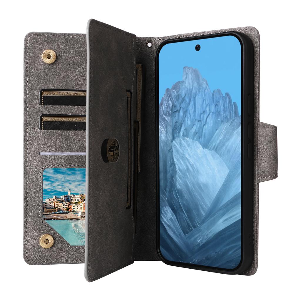 Phone Case For Google Pixel 10/10 Pro/9/9 Pro ,Zipper Wallet Rivet Decor Leather Cover with Wrist Strap