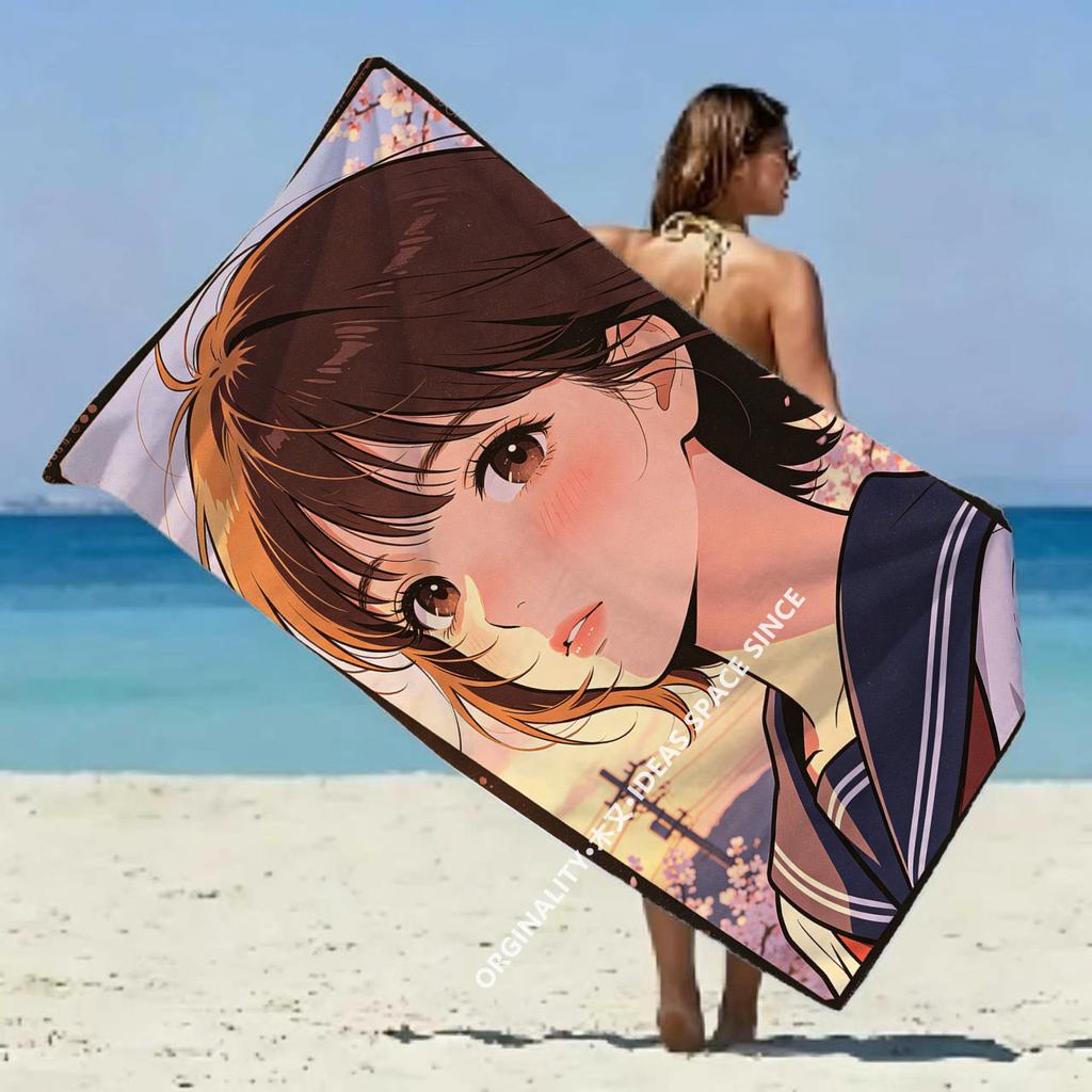 Sakura Anime Girl Beach Towel Patterned Sunscreen And Windproof Suitable For Swimming Pool Camping Travel Blanket
