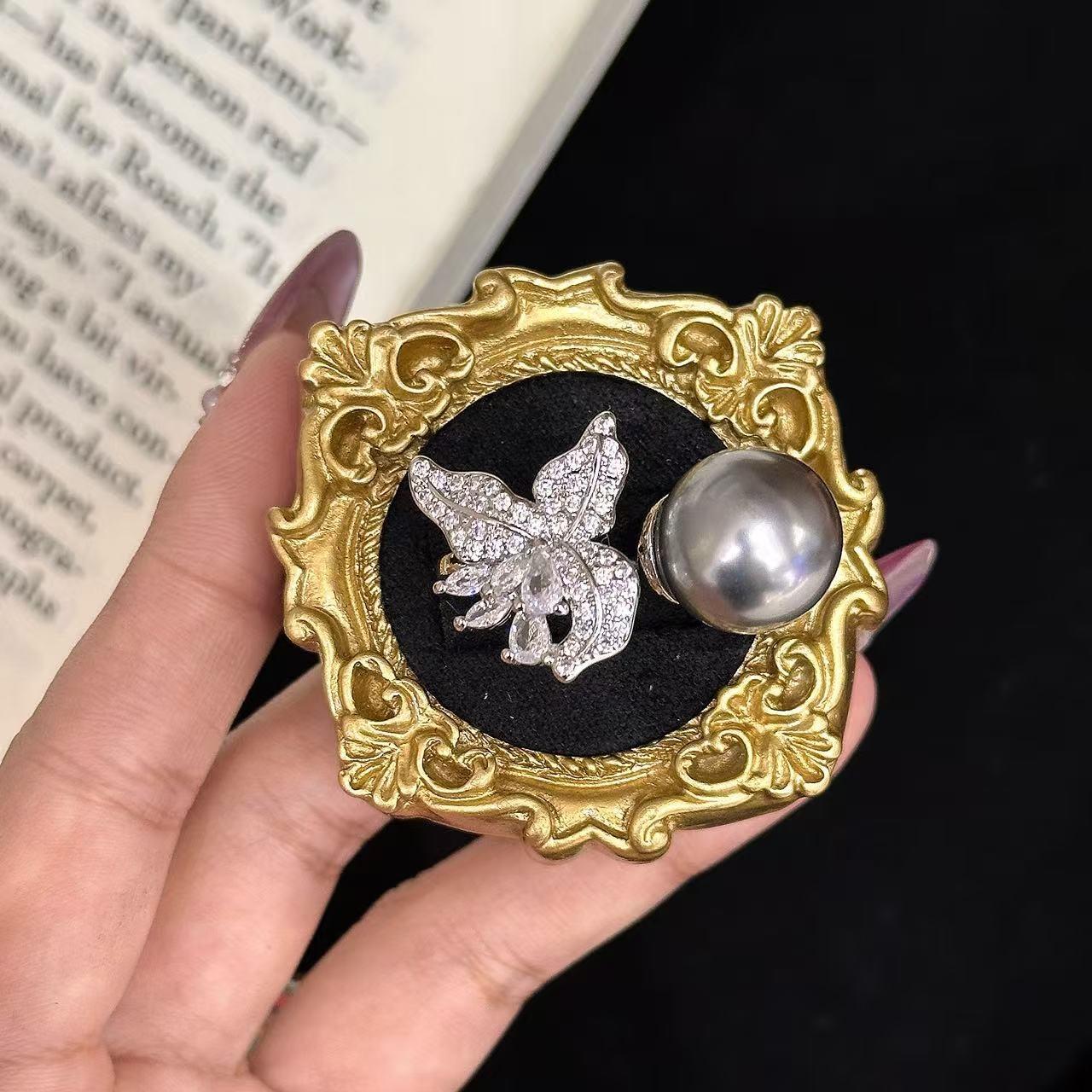 

High Carbon Diamond Bead Pearl Ring Open Full Diamond Zircon Butterfly Fashion Australian White Ring Jewelry