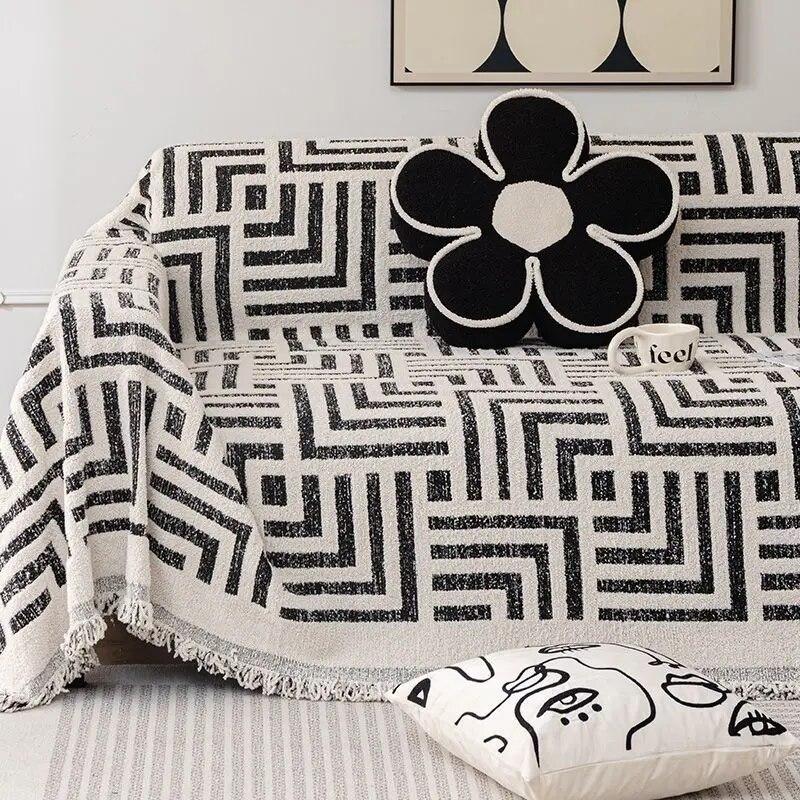 Sofabezug mit nordischem Quasten-Muster und geometrischem Muster, Chenille, universeller Couchbezug für alle vier Jahreszeiten, rutschfeste Überwurfdecke, modernes Sofatuch
