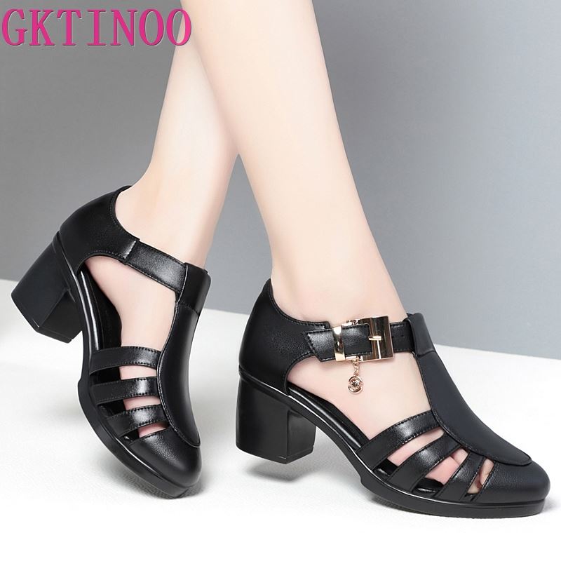 Fashion GKTINOO Genuine Leather Shoes Gladiator Sandals For Women Large Size Non-slip High Heel Sandals Summer Ladies Shoes