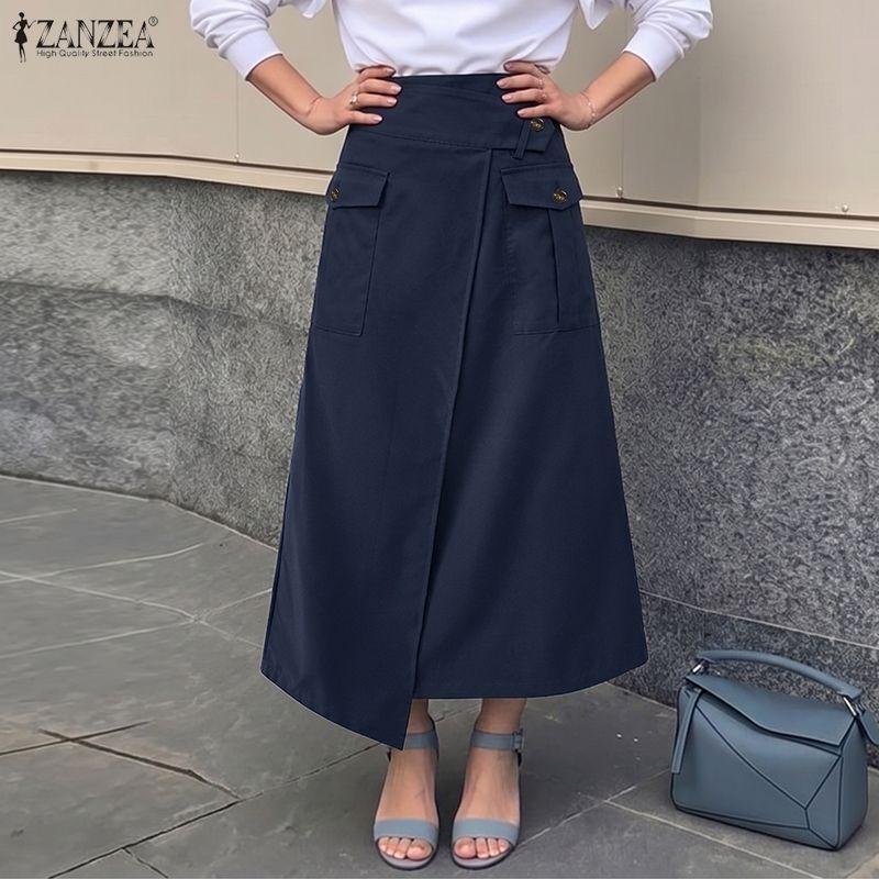 ZANZEA Women Casual Elastic Waist Solid Color Midi Skirts