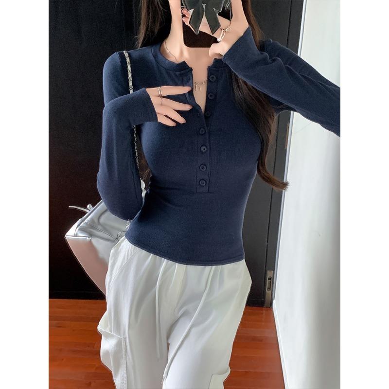 Women S Slim Fit Crew Neck Long Sleeve T Shirt Button Detail Casual Top
