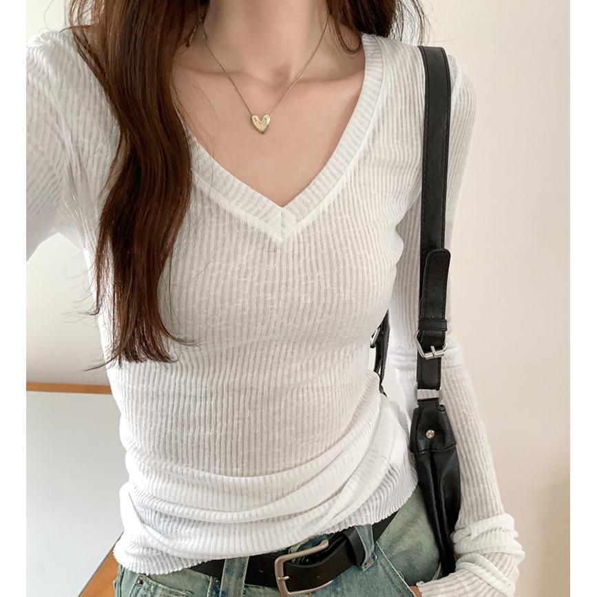 V-neck Slightly See-through Inner Knitwear Women Early Spring Autum Tshirt Slim Sweet Pink Bottoming Top