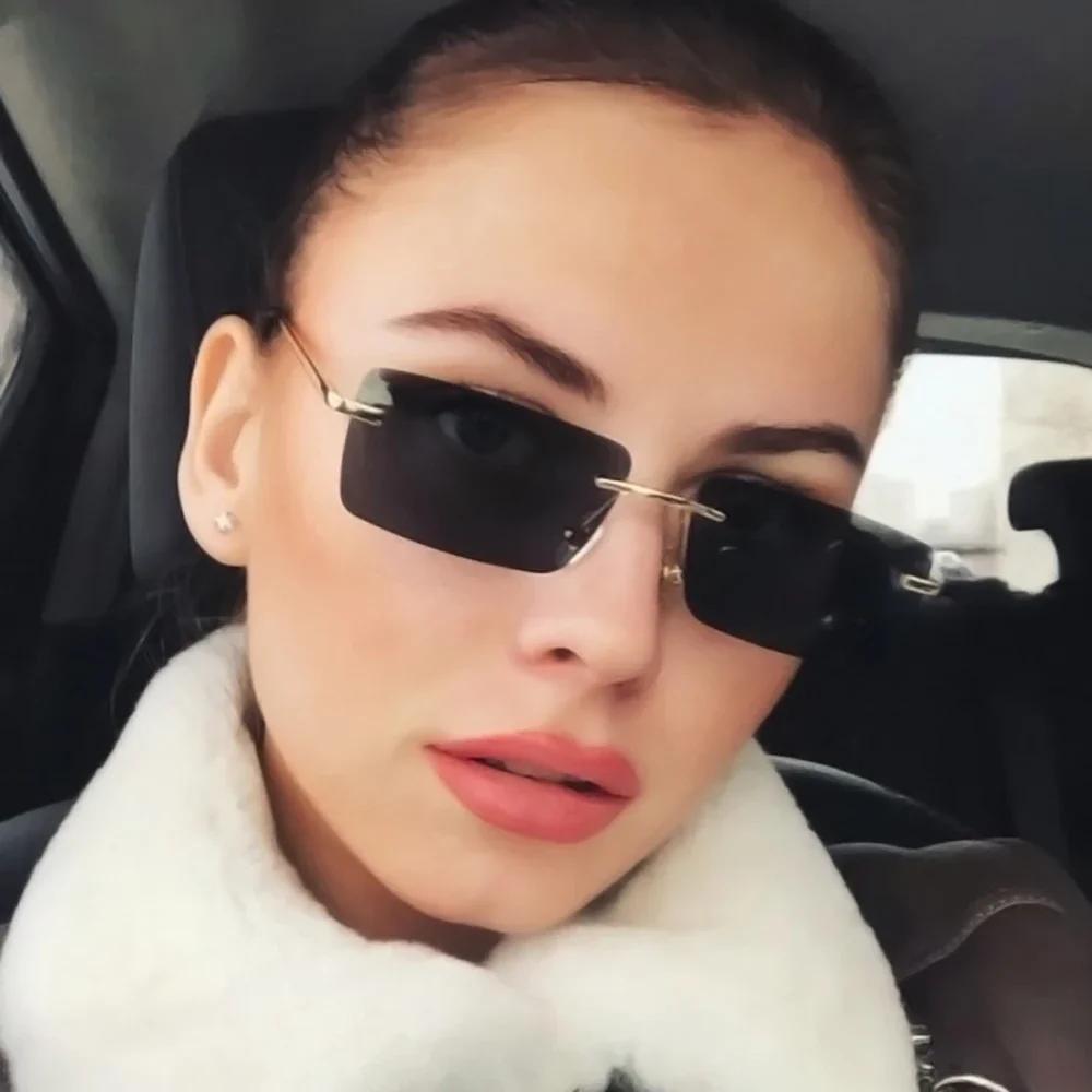 Rimless Rectangle Sunglasses Women Uv400 Driving Sun Glasses Men Clear Color Summer Accessories Square Small Size