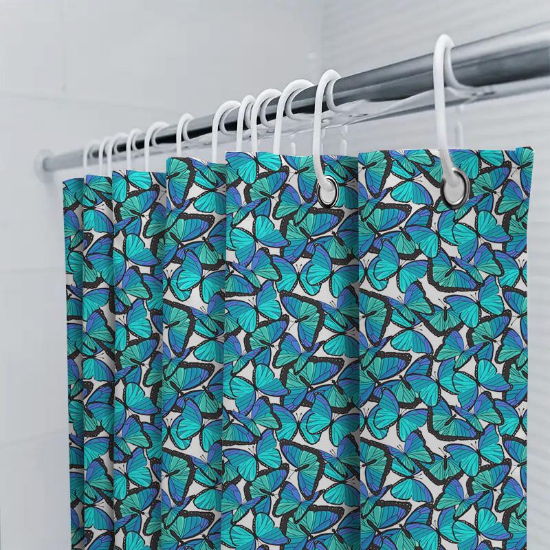 Beautiful Blue Butterfly Print Shower Curtain Waterproof Bath Rug Decoration For Home Decorative Bathroom Curtains 6 Hooks Set