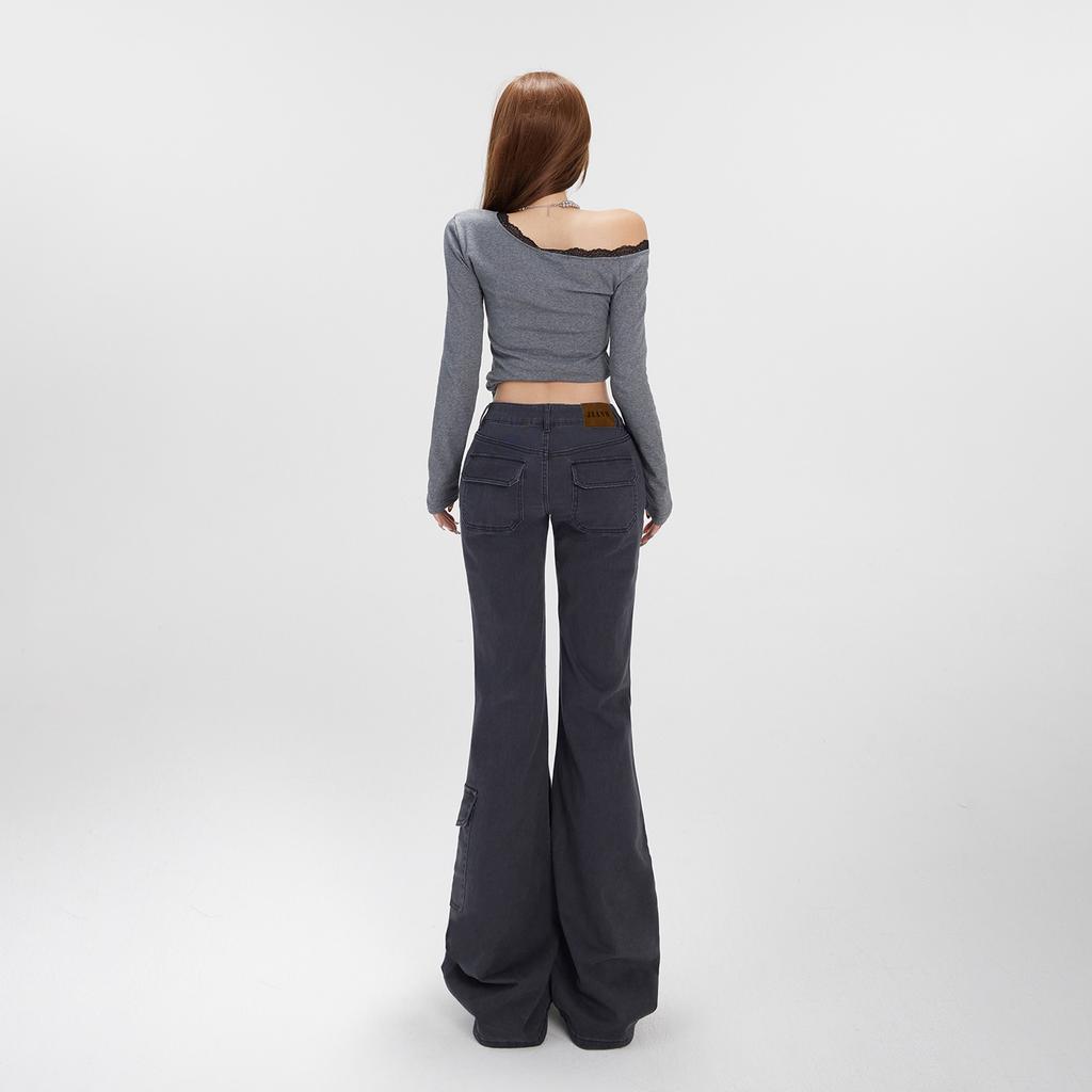 American retro low-rise Spice Girl flared pants slim and thin versatile micro-elastic tooling jeans women's autumn and winter