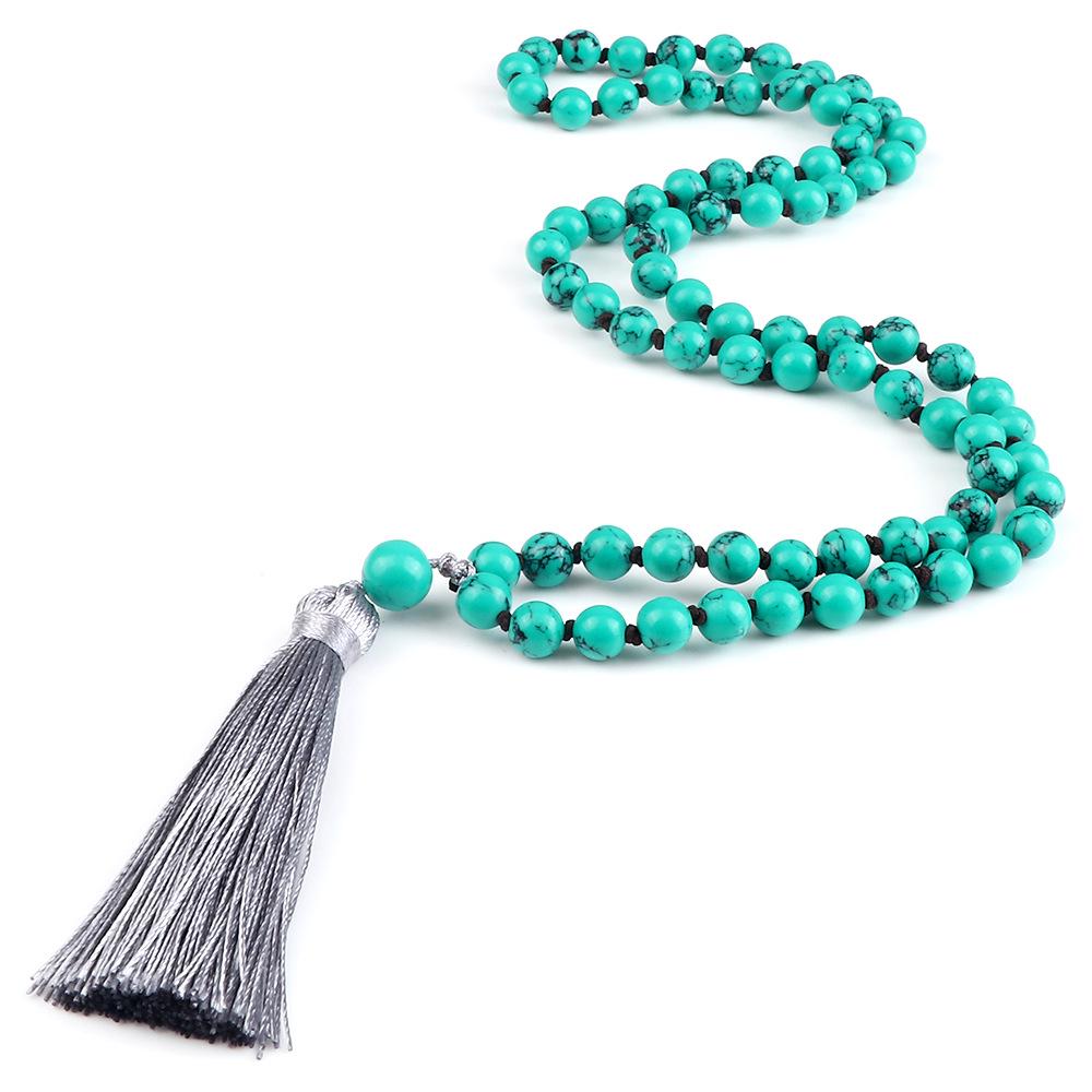 European 8mm Stone Bead Tassel Necklace and Multi-Strand Buddhist Bead Bracelet