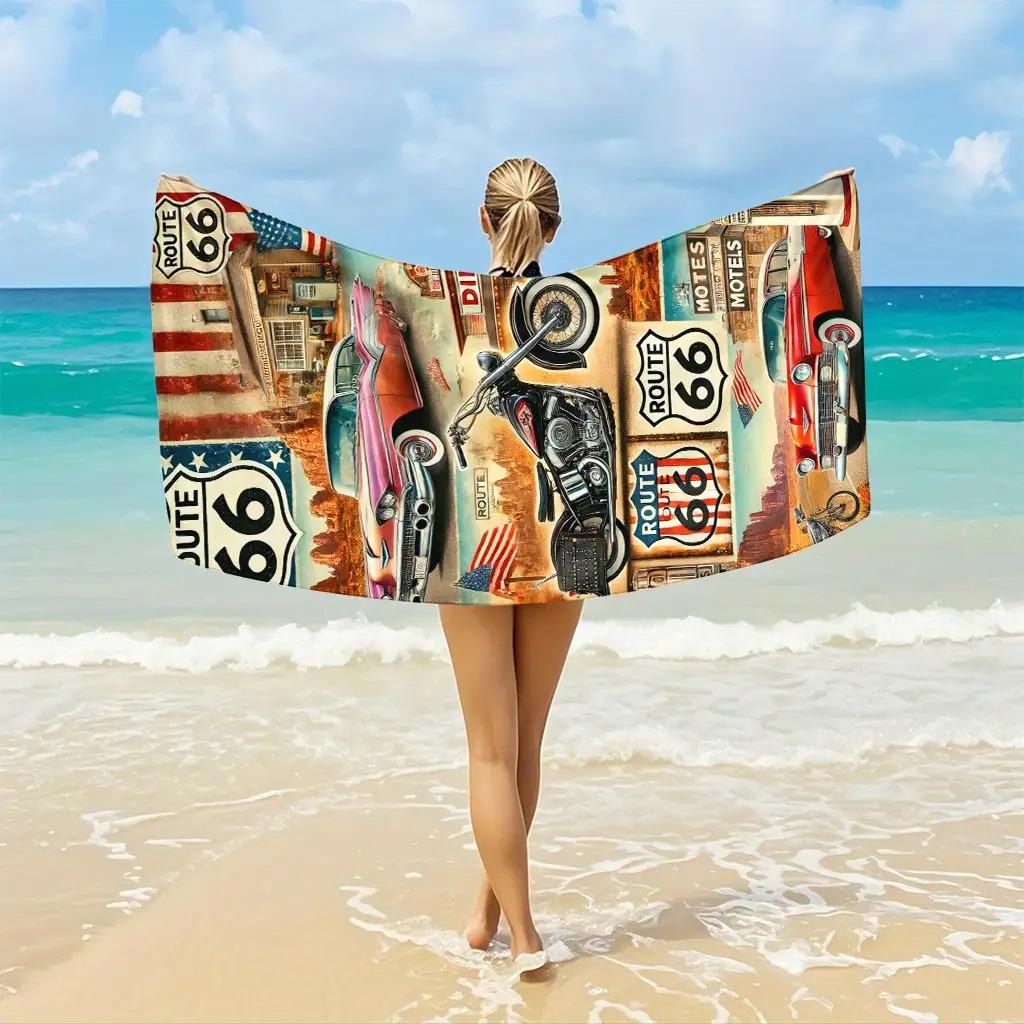 1Pc Route 66 Retro Beach Towel, Ultra Soft Quick Dry Large Towel For Pool Travel Road Trip, Ideal Gift For Car Lovers