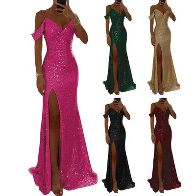 Women's Prom Dress Off Shoulder Short Sleeve Floor Length Evening Dress Casual Sequin Side Slit Maxi Dress