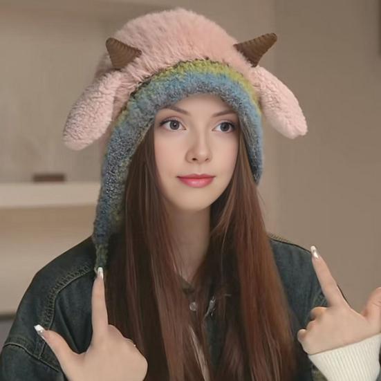 Pletená čepice Větruodolná Teplá Jednobarevná Elastická Termální Design s jehněčími uši Zimní čepice Pokrývka hlavy do chladného počasí