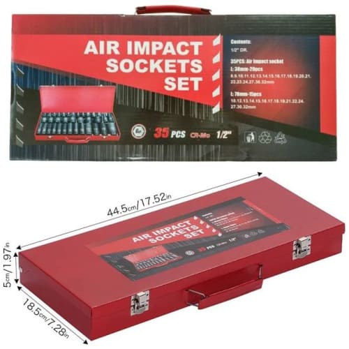 Corrosion- and Wear-Resistant Phosphate-Coated Impact Socket Set, 35-Piece, Parkerized Hex Socket Set with Storage Case, 1/2" (12.7mm) Deep Bit, Short