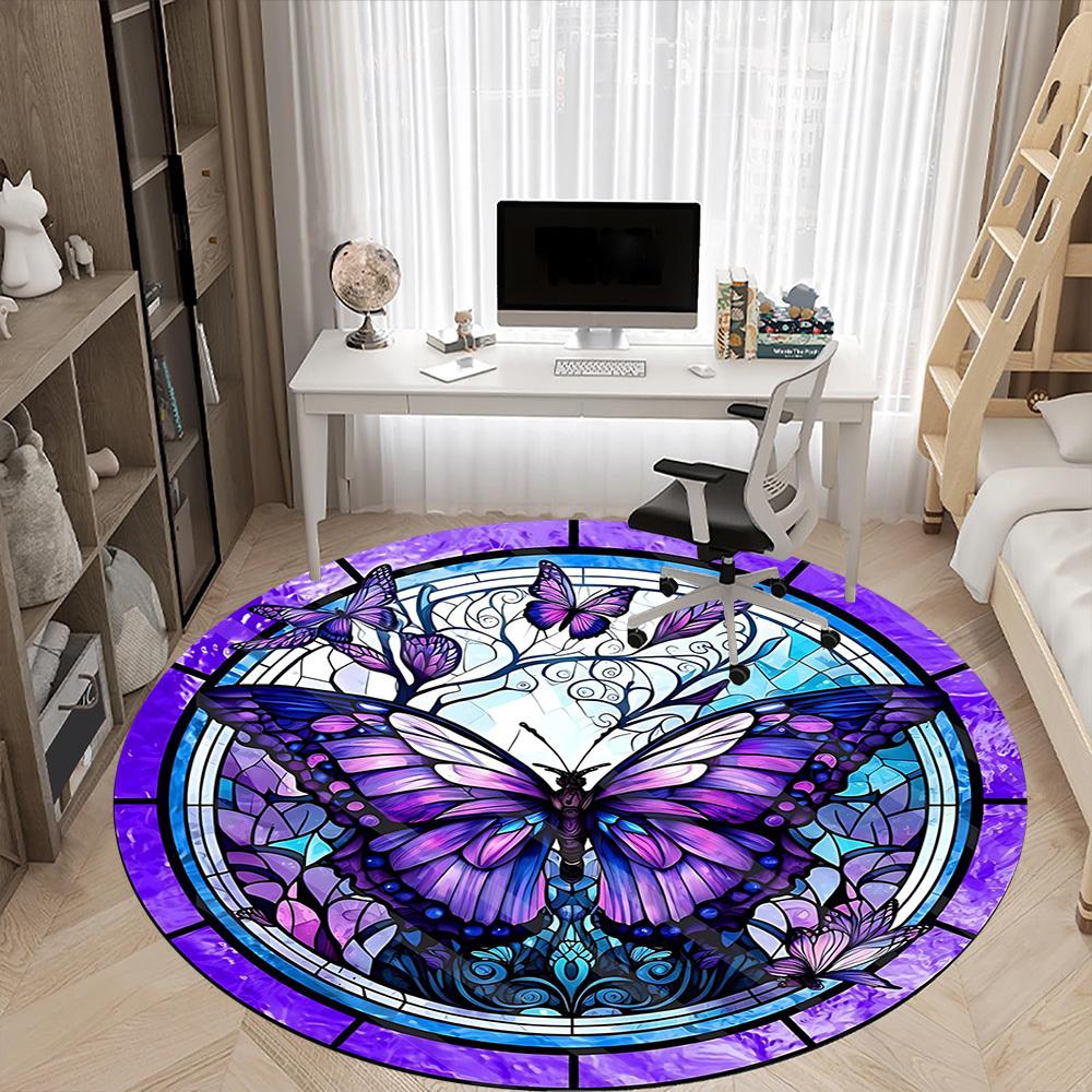 1pc Butterfly Stained Glass Carpet for Office Non-Slip, Round Carpet, Soft & Comfortable, Carpet for Office, Lightweight Round Floor Mat