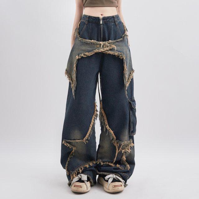 

Retro Y2K Vintage Lady s Denim Jeans Korean Streetwear Oversize Star Blue Aesthetic Straight Trousers Wide Leg Jeans Grunge Pants Clothes Fashion XXL синій