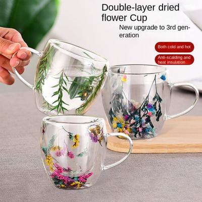 Creative Double Wall Glass Cup Coffee Mug Real Dried Flower Filler Tea Coffee Cup With Handles Heat Resistant Mug Gift
