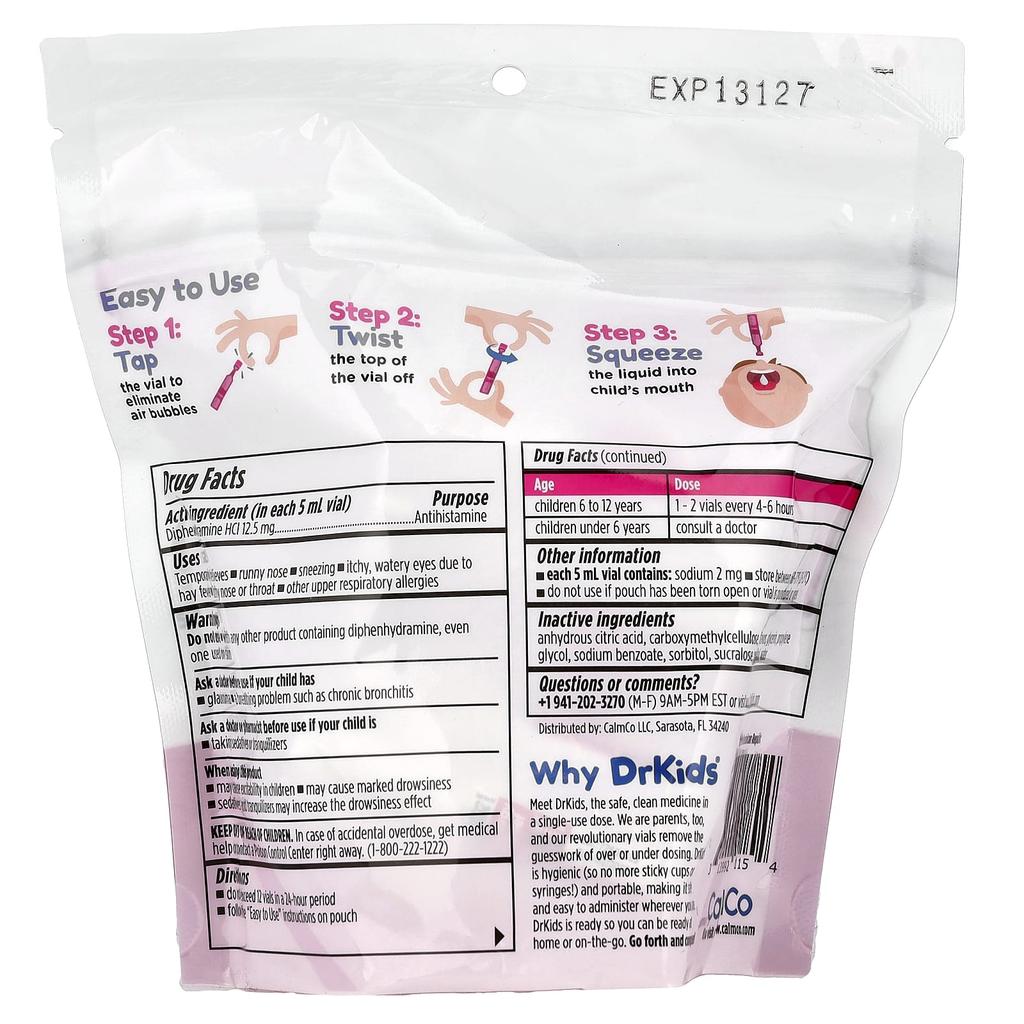 DrKids, Allergy Relief, Ages 6-12, Mixed Berry, 24 Single-Use Vials, 5 ml (0.17 fl oz) Each