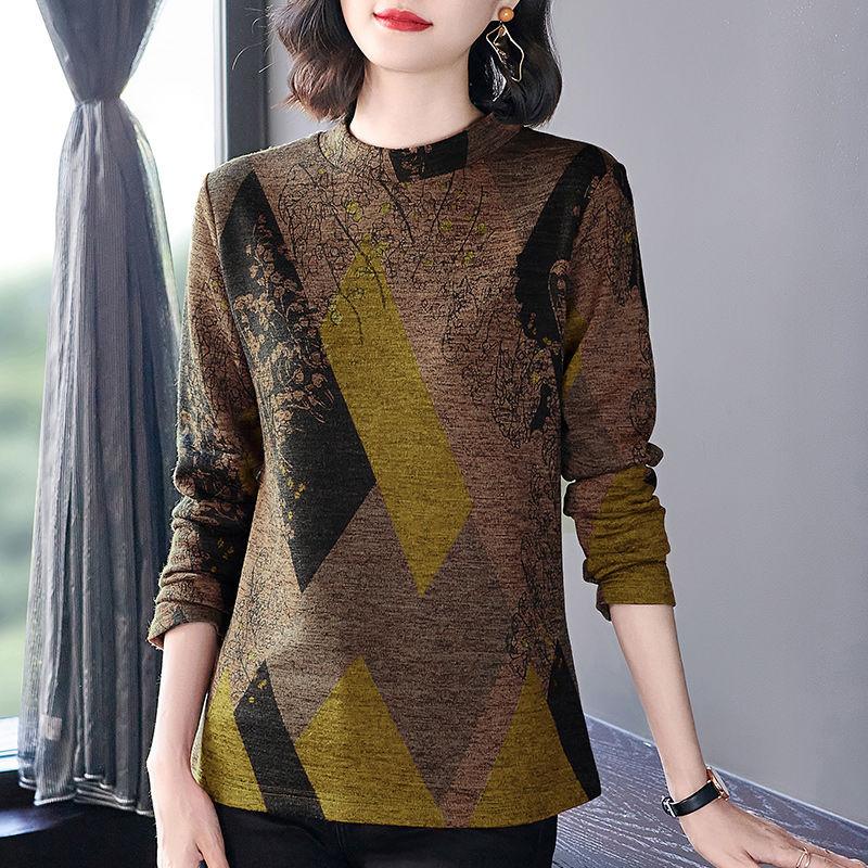 Damen Rundhals T-Shirt Herbst- und Wintermode Kontrastfarbe Bedruckt Argyle Locker sitzend Langärmlig Pullover Tops