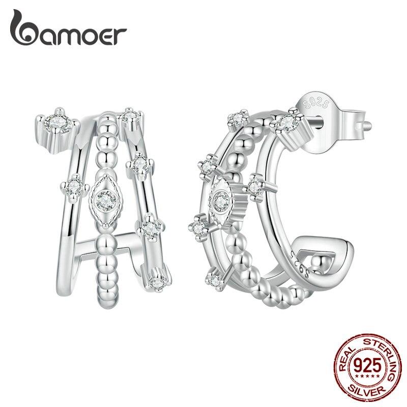 

BAMOER, трехслойные серьги из стерлингового серебра 925 пробы, серьги-гвоздики с геометрическим узором для женщин, ювелирные изделия с фианитом