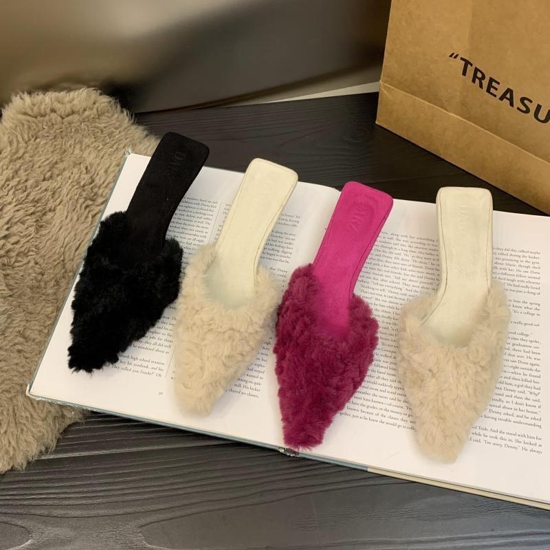 Fashion New Slippers Casual Shoes Woman Pink Slides Shallow Butterfly-Knot Med Cover Toe Fur Flip Flops Pantofle Luxury Plush Pumps