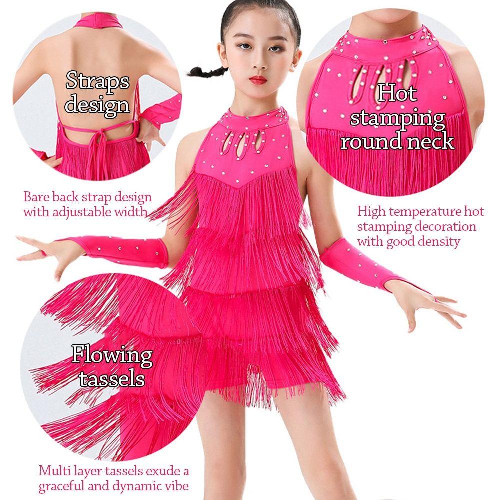 Vestido de Bachata para Baile de Salón con Flecos Lentejuelas Trajes de Baile para Actuaciones Niños Niñas