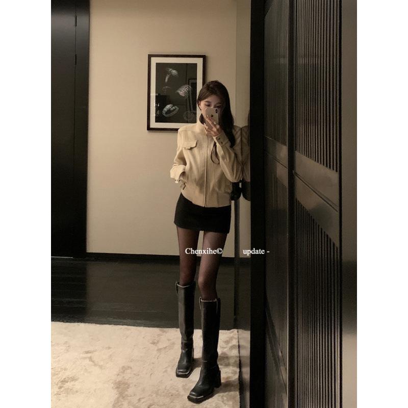 Women's Korean Style Retro Faux Suede Slim Fit Motorcycle Jacket