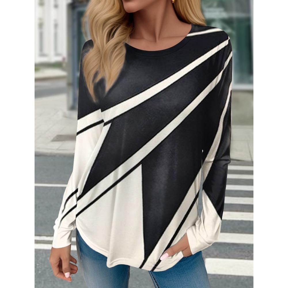 Fashion women's T-shirt 3D color blocked pattern long sleeved shirt