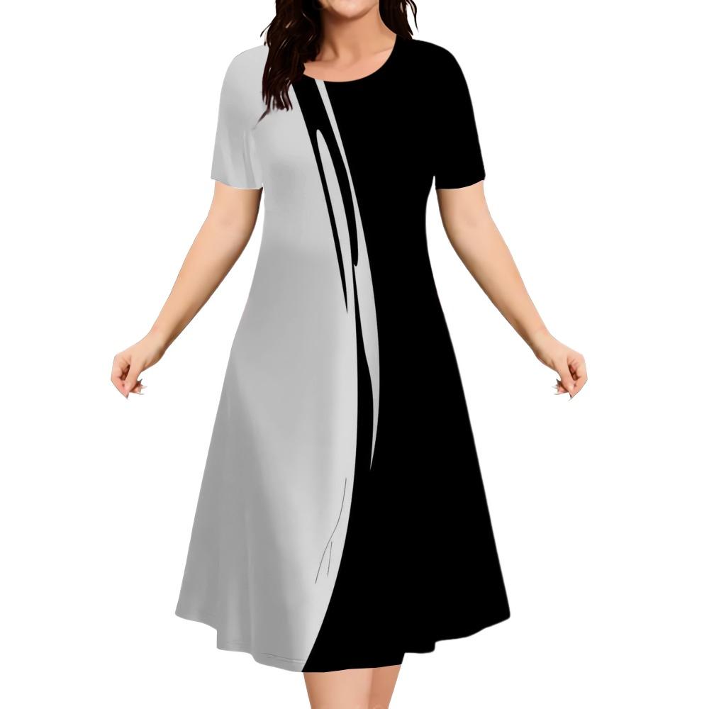 Summer Women Dress Fashion Plus Size Short Sleeve Dress Black White Contrast Color Loose A-Line DressClothing